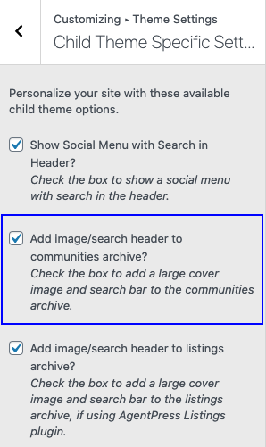 child theme settings for communities